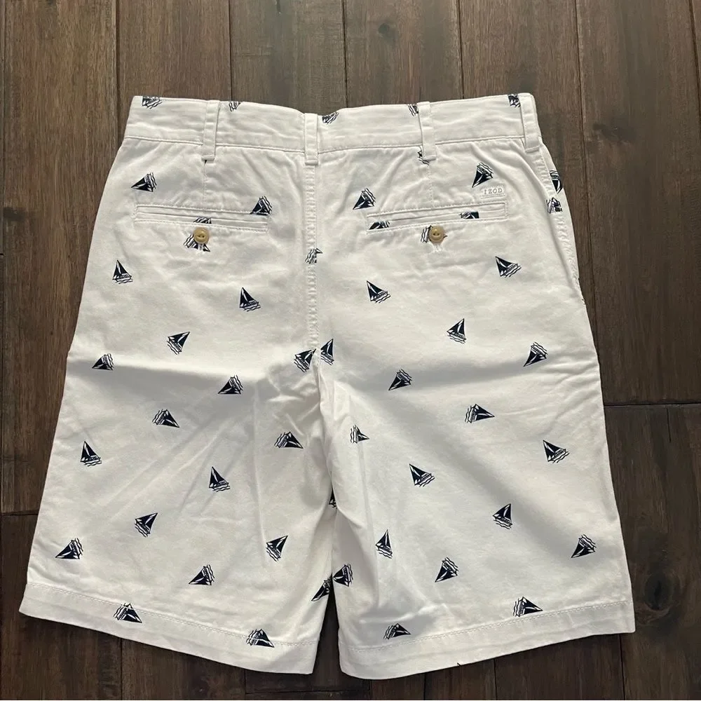 IZOD Saltwater White & Blue Nautical Preppy Sailboat Chino Shorts 32 x 10.5